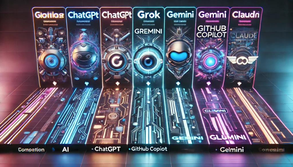 DALL·E 2025-03-23 16.18.47 - A visually stunning 4K image showing a comparison of ChatGPT, Grok, GitHub Copilot, Gemini, and Claude. Each AI tool is represented with its own custo